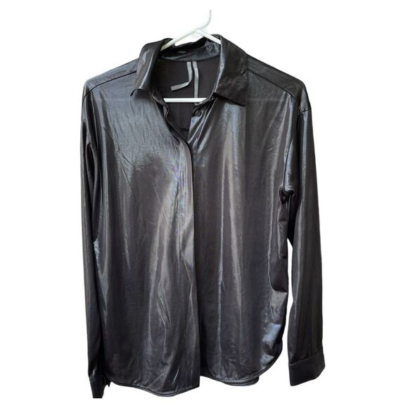 Anthropologie size M liquid leather metallic button front blouse semi sheer - Picture 2 of 7